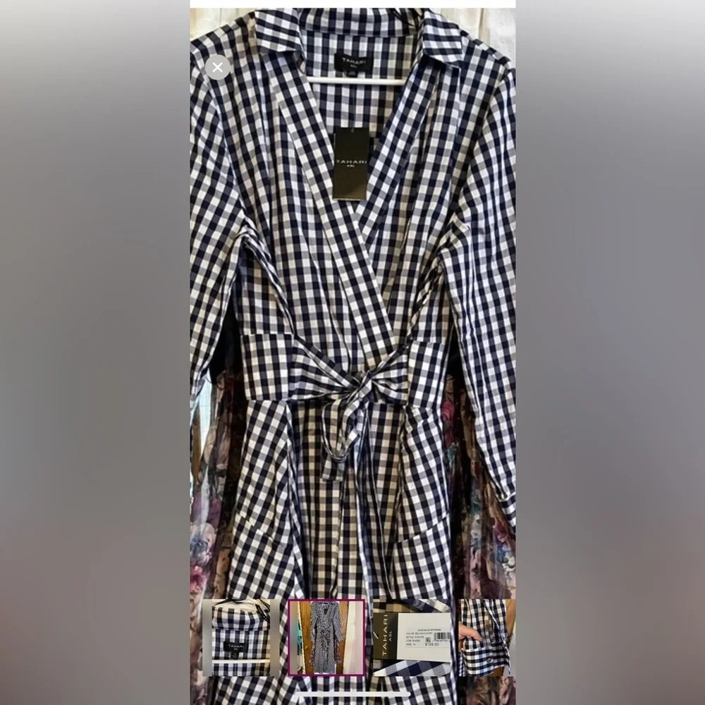 NWT Tahari Navy & White Gingham Long Sleeve Shirt Dress - Picture 11 of 15